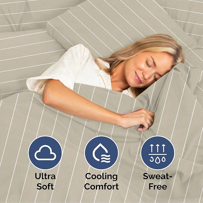 Queen Size 4 Piece Sheet Set - Soft & Cooling Bed Sheets - Beige Stripes 4 | Fits 8 Inch to 16 inch Mattress, Wrinkle Free & Fade Resistant with Deep Pockets, Breathable, Comfy Hotel Luxury Bedding
