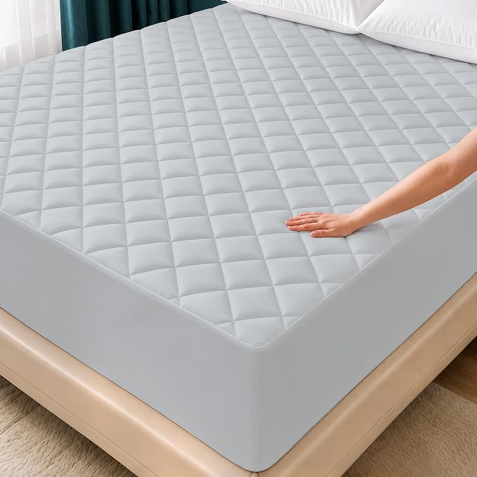 Quilted Mattress Pad Queen Mattress Protector Topper fit 16" Deep LightGrey | Soft Breathable Fitted Mattress Cover, Noiseless, Deep Pockets & Machine Washable for Home & Hotels by Utopia Bedding