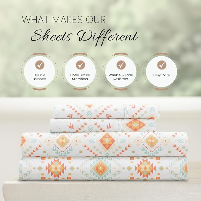 Linen Market Double-Brushed Patterned Microfiber Full Sheet Set 4 Piece – Oeko-TEX Certified Ultra Soft & Wrinkle-Free - 16" Deep Pocket Sheets - Easy Care Full Size - Aztec Dreams Coral