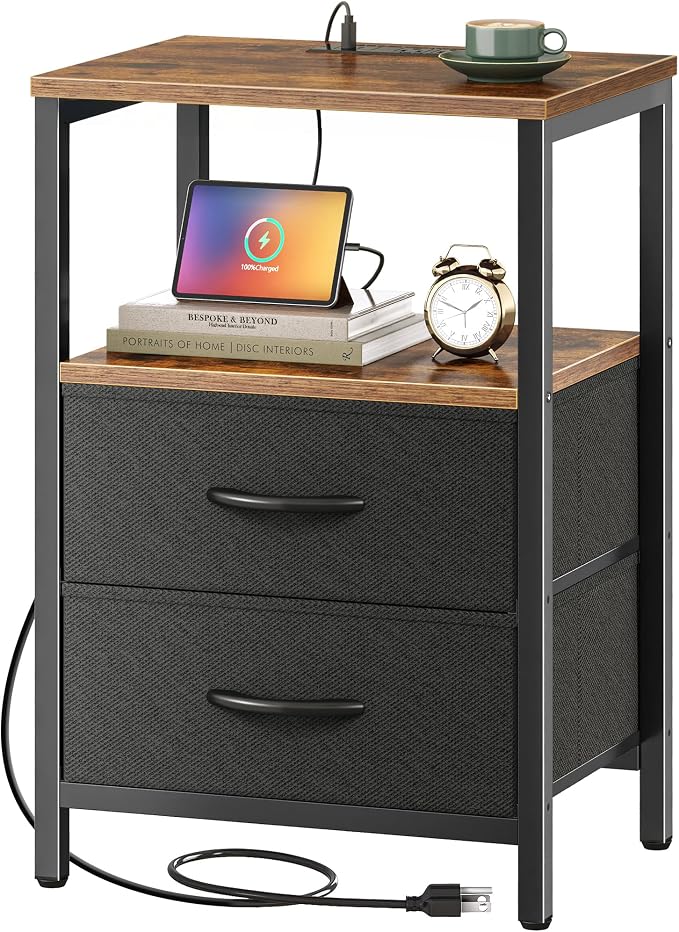 Huuger Nightstand with Charging Station, Side Table with Fabric Drawers, End Table with Open Shelf, Bedside Table with USB Ports and Outlets, Night Stand for Bedroom, Rustic Brown and Black | End Table with Open Shelf, Bedside Table with USB Ports and ...