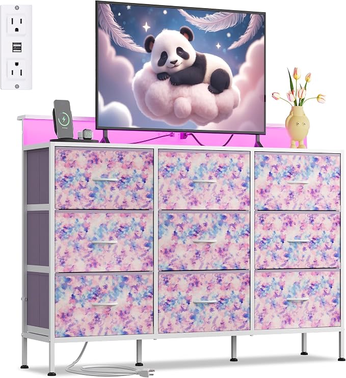 WLIVE Dresser TV Stand 9 Drawers, Fabric Chest LED Lights, Tie-dye | 9-drawer dresser TV stand fits 55in TV with RGB LED lights and charging station, fabric media console for living room