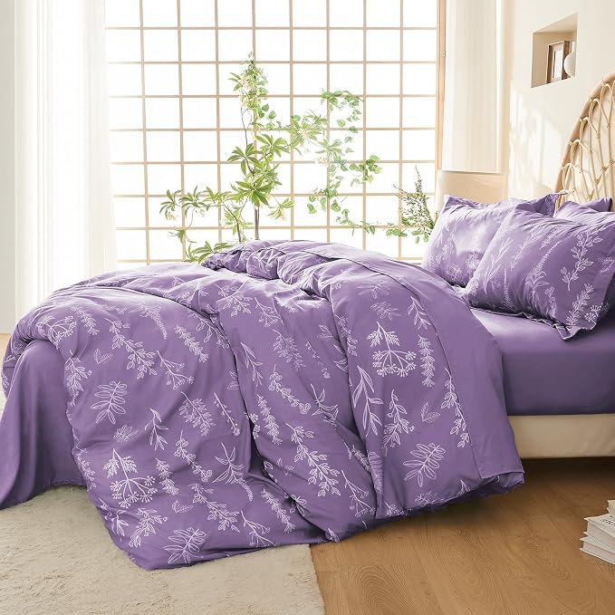 MUXHOMO Duvet Cover Twin/Twin XL Size Set, Reversible Floral Grayish Purple Duvet Cover with Zipper Closure, 2 Pieces Botanical Patterns Soft Bedding Set with 4 Ties (68"x90", 1 Pillow Case)