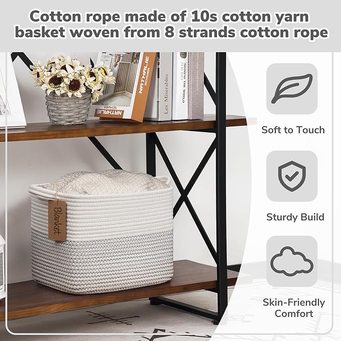 Goodpick Woven Rope Storage Basket for Shelves, Rectangle, Mix White | 13" × 10" × 9" Stylish Gift Basket for Nursery & Bedroom Organization, Cotton Rope Baskets for Toys & Baby Essentials Storage