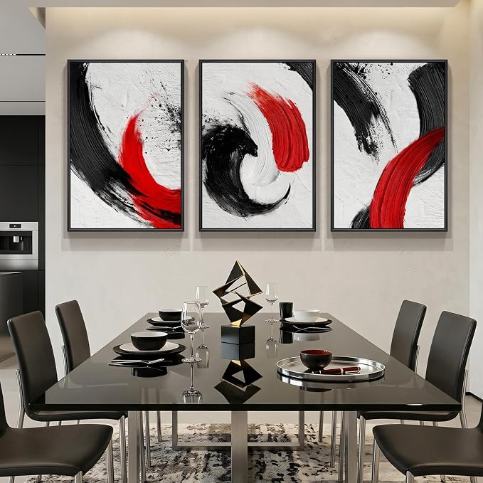 Large Framed Red Black White Abstract Wall Art for Living Room, 3 Piece | Modern Canvas Prints, Minimalist Paintings, Red Black Pictures, Abstract Artwork, Bedroom Hallway Office Wall Decor 24x36 In