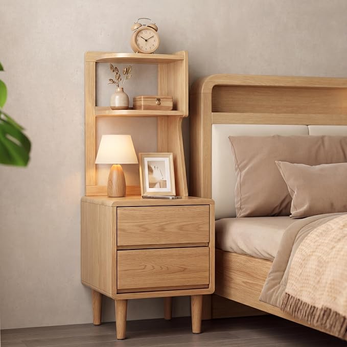 Solid Wood Bookshelf Nightstand Combo, Tall Nightstand with Bookshelf | Oak Nightstand Bookshelf,Solid Wood Nightstand with Drawers,Open Shelf Bookcase,for Bedroom,Living Room,Offices