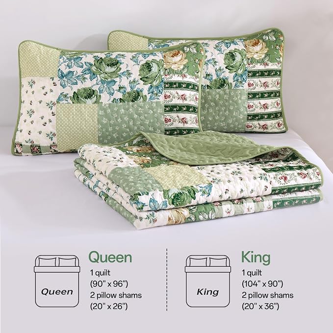 Patchwork Quilt Set Queen Size, Sage Green Floral Plaid Bedspread | Rustic Flower Coverlet Set, Soft Lightweight Farmhouse Quilt Bedding Set 3 Pieces for All Season, 96''x90''
