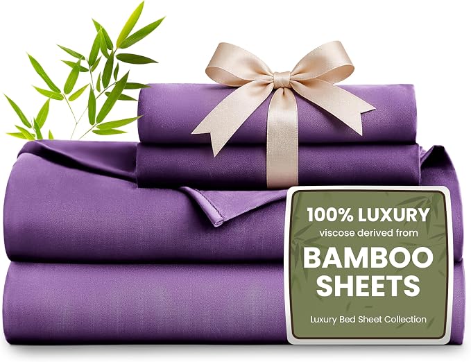 Love's cabin 4 Piece King Size Sheet Set, 100% Rayon Derived from Bamboo, Cooling & Breathable, Soft Silky Deep Pocket up to 16", Hotel Luxury Bedding for Hot Sleepers, Purple