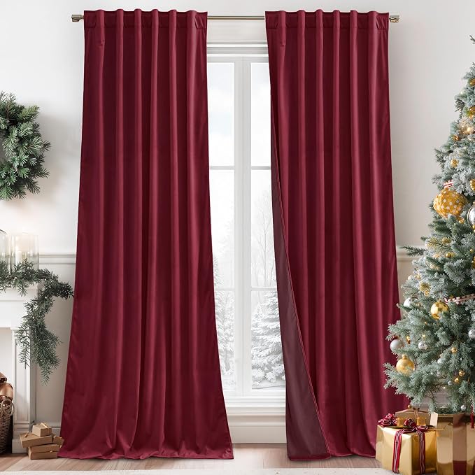 RYB HOME Velvet Room Darkening Curtains for Living Room 72 inches Long | Thermal Insulated, Privacy UV Heat Blocking, Noise Reducing, Drapes for Kids Room Sunroom, Burgundy Red, W52 x L72, 2 Panels
