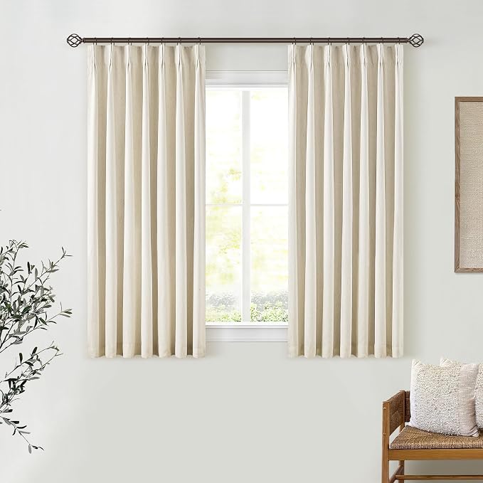 Cream Beige Pleated Black Out Linen 45 Inch Curtains with Liner 2 Panels | 100% Blackout, Memory Trained Pinch Pleat, Thermal Insulated, Noise Reduce, Short Curtains 2 Layers for Kitchen Small Window