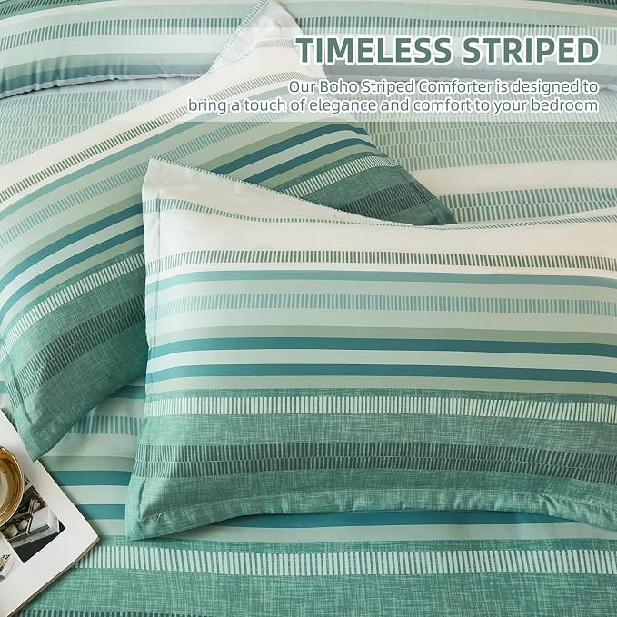 Dobuyly Comforter Set Queen Size 7 Piece, Boho Striped Sage Green Bed in a Bag Queen Soft Microfiber Bedding Sets with Comforter, Sheets, Pillowcases & Shams All Season