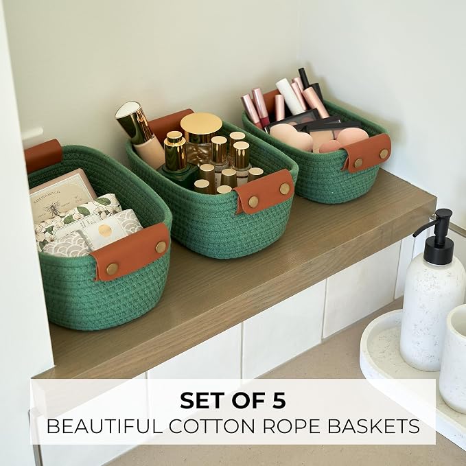 Beautiful Storage Basket Set of 5 - Sturdy Cotton Rope Baskets for Shelves | Perfect for Organizing Your Home - Quality Storage Bins Easily Fit with Any Nursery or Bedroom Decor
