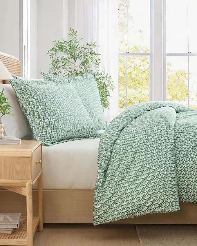 Duvet Cover Cal King Size - Printed Duvet Cover - 3 Piece - Sage Palms | Soft Printed Duvet Cover 104 x 98 with 2 Pillow Shams, Zipper Closures & Ties, Printed Bedding for Women, Men, Kids & Teens