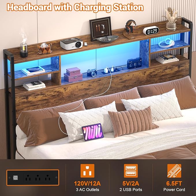 Aheaplus Headboard for Queen Size Bedwith Storage and Outlets, Rustic Brown | Headboards with LED Light, Power Outlets, USB Ports Queen Size Head Board, Wood headboard Only Sturdy and Stable Headboards