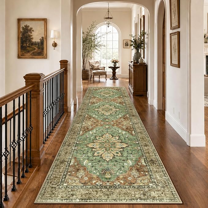 RELEANY Washable Area Rug, Runner 3'x10', Brick/Brown/Green | Non-Slip, Water Repellent, Pet Friendly, Easy to Clean, Vintage Floral Boho Decor for Kitchen Hallway Laundry Living Room