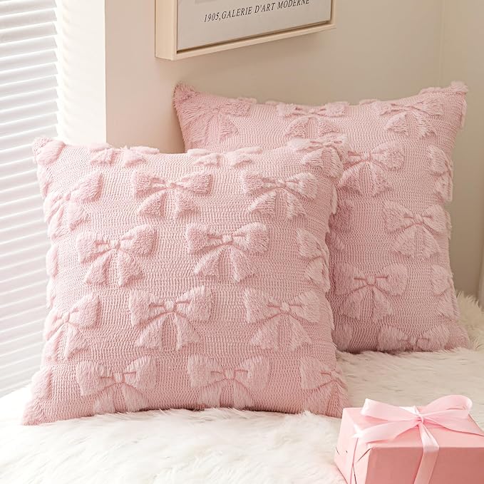 MIULEE Light Pink Bow Pillow Covers Coquette Room Decor 20x20 | Aesthetic Decorative Cute Girl,Set of 2 Cushion Covers,Soft Plush Faux Pillowcases,Preppy Room Decor Bedroom Couch