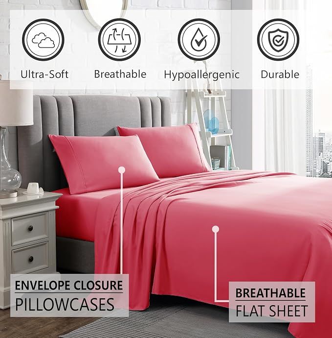 American Home Collection King Sheet Set - Ultra-Soft Microfiber 15-Inch Deep Pocket - Wrinkle Free and Fade Resistant (Pink)