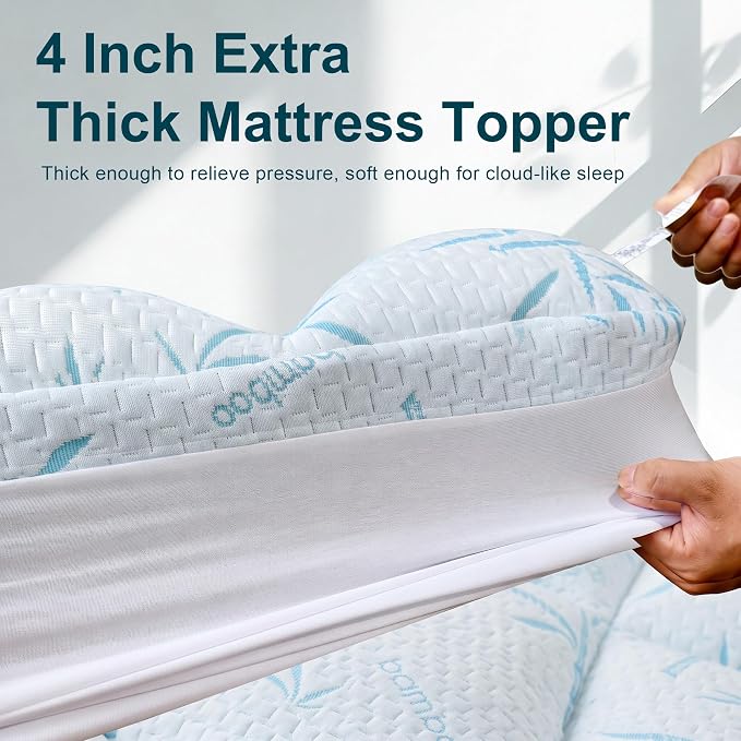 4 Inch Mattress Topper Memory Foam Cooling Bamboo Queen Size Back Pain | Gel Airflow Channels Wick Heat Moisture Orthopedic Support Deep Pocket 360 Edge Fits 8-21 Inch Washable Hypoallergenic Queen
