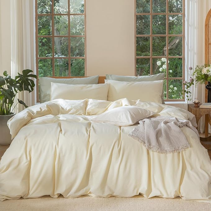MooMee Duvet Cover Set 100% Washed Cotton Linen Like Oversized King | Relaxed Linen-like Texture. Soft, Breathable & Long-lasting Comfort. Lightweight. Hidden Zipper with 8 Interior Corner Ties