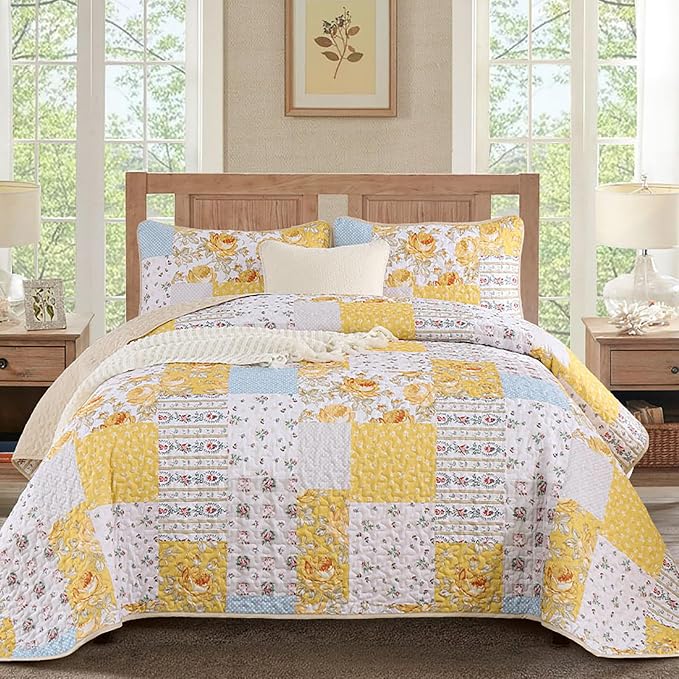 Yellow Patchwork Quilt Set King Size, Rose Floral Plaid Bedspread | 3 Pcs Country Flower Coverlet Set, Soft Lighweight Farmhouse Quilt Bedding Set 3 Pieces for All Season, 110''x90''