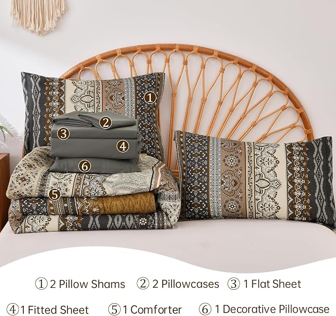 Cottolester Boho Queen Comforter Set 8 Pieces,Brown Black Bohemian Comforter Paisley Striped Bed in A Bag,Soft Microfiber Bedding Set for All Season
