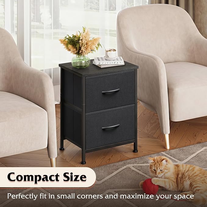 WLIVE Black Night Stand, Small Dresser with 2 Drawers & Wooden Top, Nightstand with Fabric Bins, Bedside Table End Table for Bedroom, Closet, Entryway, College Dorm, Charcoal Black | Versatile Small Side Table, Sturdy Metal Frame & Adjustable Feet, 15-...