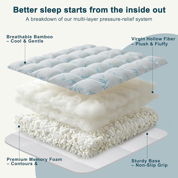 4 Inch Mattress Topper Memory Foam Cooling Bamboo Queen Size Back Pain | Gel Airflow Channels Wick Heat Moisture Orthopedic Support Deep Pocket 360 Edge Fits 8-21 Inch Washable Hypoallergenic Queen