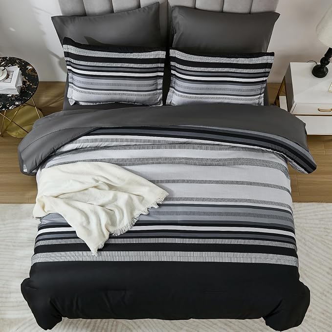 Dobuyly Black Comforter Full Size Set 7 Pieces, Boho Striped Grey Bed in a Bag Full Soft Microfiber Bedding Set for Mens with Comforter, Sheets, Pillowcases & Shams All Season