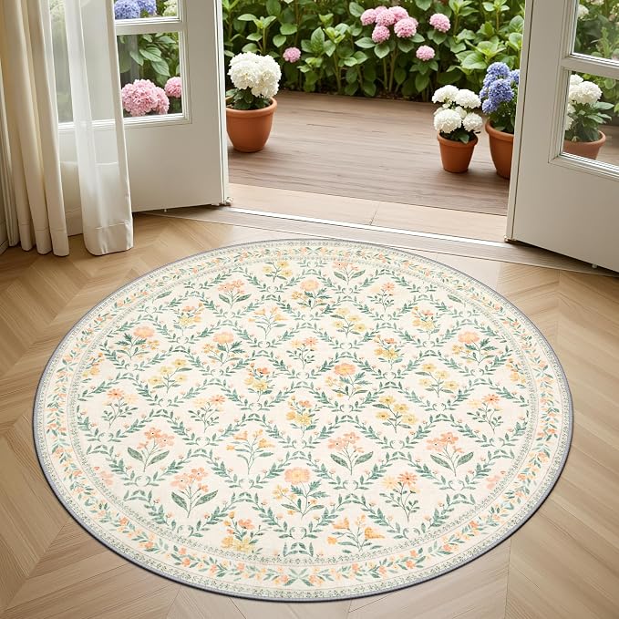 PLHXFR Round Area Rug Living Room: 4 ft Floral Washable Carpet Beige Multi | For Bedroom Dining Room Farmhouse Nursery Hallway,Vintage Floral,Machine washable,Non Slip,Stain Resistant,Large Indoor