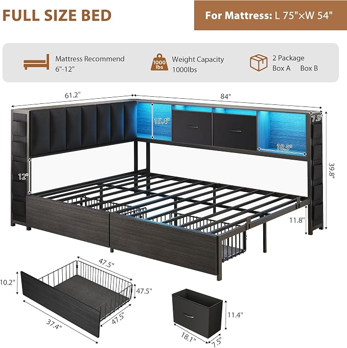 MapleGrace Full Corner Bed Frame with Upholstered Storage Headboard and Drawers, Metal Platform Bed Frame with LED Light and Charging Station, Full Daybed for Living Room, Bedroom & Guest Room, Black