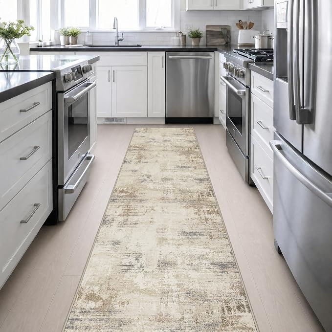 2.6x14 Washable Runner Rug:Modern Abstract Soft Carpet Beige Brown | For Hallway, Bedroom, Kitchen, Laundry, Bathroom,Door Mat,Modern Abstract,Machine washable,Non-Slip,Stain Resistant,Indoor