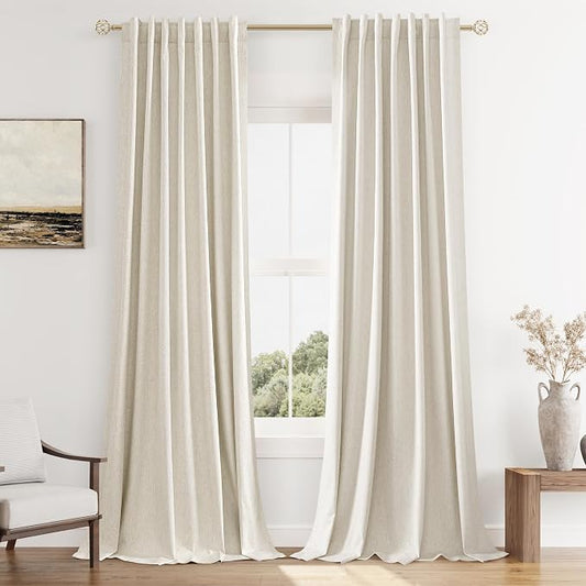 100% Blackout Linen Curtains 100 Inch Length 2 Panels Set for Living Room Bedroom Back Tab Rod Pocket Thermal Insulated Black Out Drapes Room Darkening Farmhouse Window Curtains,52x100
