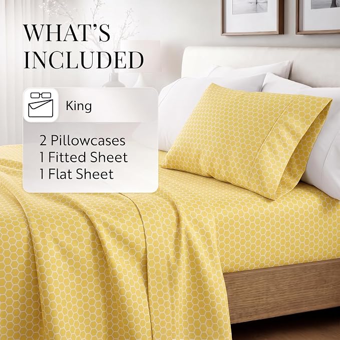 Linen Market Patterned Microfiber King Sheet Set 4 Piece – Oeko-TEX Certified Ultra Soft & Wrinkle-Free - 16" Deep Pocket Sheets - Easy Care King Size - Honeycomb Yellow