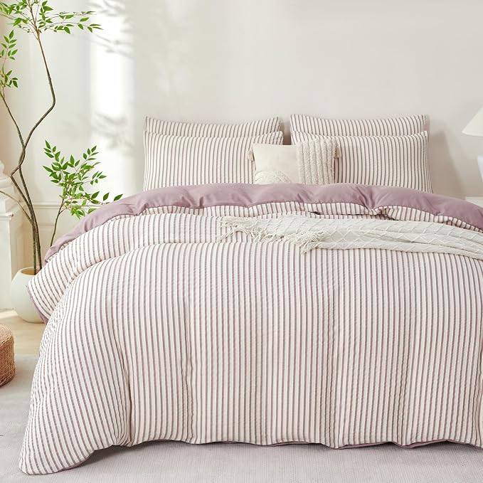 Comforter Set King Purple Soft Luxury Washed Microfiber Jacquard 3 Pieces Bedding, White Grayish Purple Vertical Ticking Stripes Pattern Comforter with 2 Pillowcases Breathable Durable Comfy