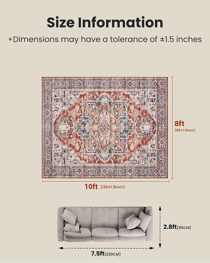 AMADA HOMEFURNISHING 8x10 Washable Area Rug, Low-Profile Large Area Rug with Non-Slip Backing & Durable Edge Binding, Vintage Large Rugs for Living Room, Bedroom, Dinning Room