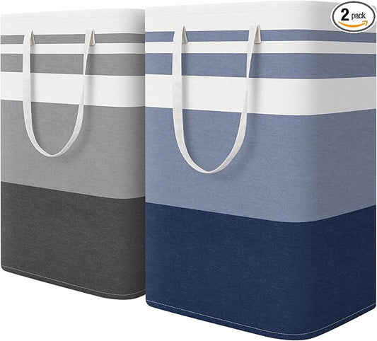 HomeHacks 2 Pack Laundry Baskets, Laundry Hampers Bags (Grey+Blue 75L) | Waterproof, Freestanding, Collapsible Clothes Hamper with Reinforced Handles in Laundry Room, Dorm, Bathroom, Bedroom