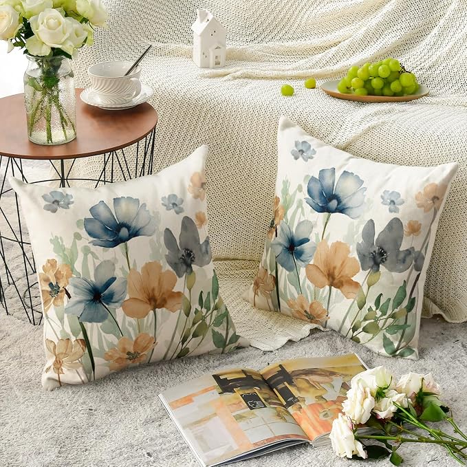 AVOIN colorlife Poppy Chinoiserie Flowers Pillow Covers 18x18 Inch Set of 2 | Light Brown Blue Seasonal Leaves Cushion Case Decoration for Sofa Couch Farmhouse