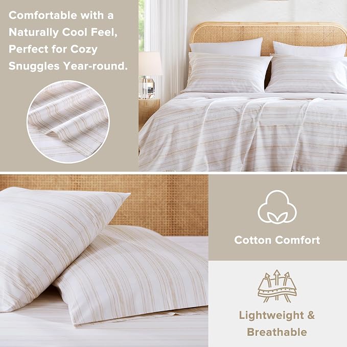 Comfort Spaces 100% Cotton Percale Sheets Twin Size 3 Pcs, Good Vibes Taupe | Crisp, Cool & Breathable Bed Sheets, 12" Deep Pocket Fits Up to 14" Mattress, Lightweight, All Season Cozy, with Pillow Case