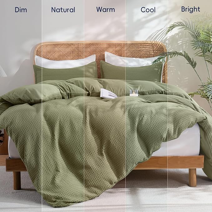 PHF Soft Waffle Duvet Cover King Size- Durable Breathable Waffle Weave Duvet Cover(104"x90") with 2 Pillow Shams, 3 Pieces Luxury Textured Bedding Set for All Season, Olive Green