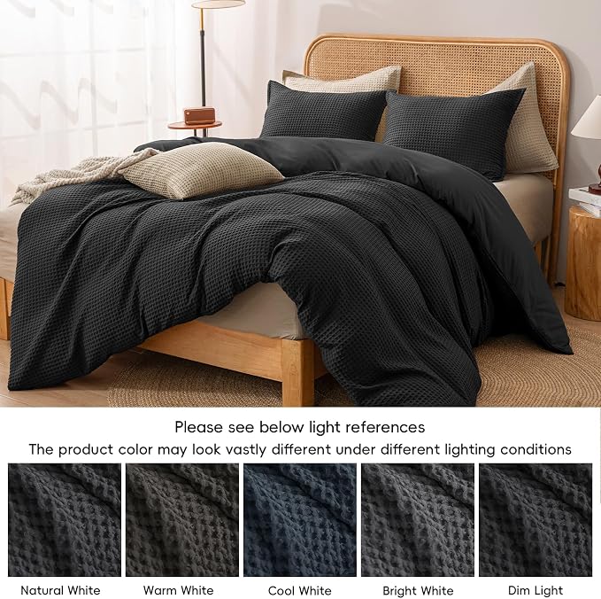 PHF Waffle Duvet Cover Set Queen, Ultra Soft & Breathable, 90"x90", Black | 300GSM Fabrie，No Snagging Textured Honeycomb Comforter Cover for All Season 3pcs, Durable Bedding Duvet Set, Home Decor Gift
