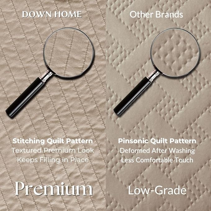 DOWN HOME King Quilt Bedding Set with Shams, Vintage Washed Soft Quilted Blanket Thin Comforter Lightweight Bedspread Coverlet Bed Cover, Brushed Microfiber Stripe Stitching, Brown, 104"x90"