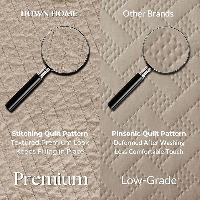 DOWN HOME Queen Quilt Bedding Set with Shams, Vintage Washed Soft Quilted Blanket Thin Comforter Lightweight Bedspread Coverlet Bed Cover, Brushed Microfiber Stripe Stitching, Brown, 86"x90"