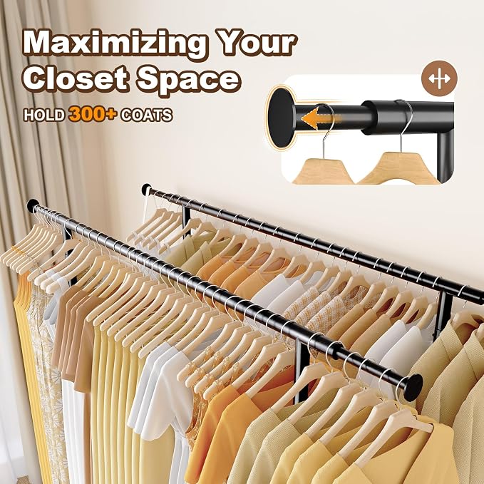 HOKEEPER Clothes Rack Load 650 LBS Collapsible Clothing Rack Double Rod | Black 22"D*75"W*68"H, Adjustable Heavy Duty Garment Rack for Hanging Clothes Rolling Commercial Closet Rack with Shelves