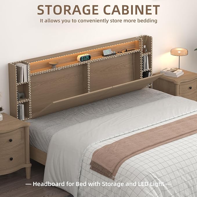 King Wall Mount Solid Wood Leg Headboard with Storage | Headboard Only,USB Charging ,Rgb Light,Modern backboard,Integrated fit,Sturdy and Stable Bed Board