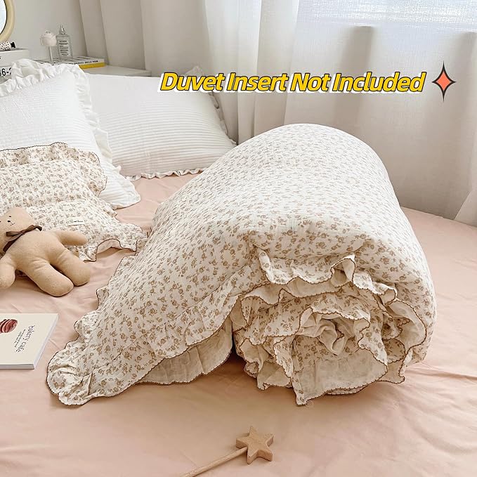Soft Cotton Muslin Duvet Cover Girls Kids Floral Duvet Cover Beige Crib Bedding Comforter Cover Quilt Cover, 47"x59", Camellia Print (Pillowcases Not Included)