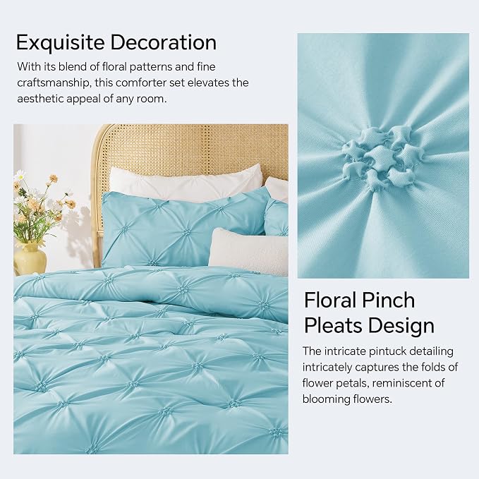 BEDELITE King Comforter Set Macaron Blue,Lightweight & Soft Comforter | Pintuck Boho Bedding, Warm & Cute Bed Set for All Season,With 2 Pillowcases