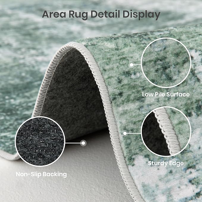 5x8 Area Rug, Abstract Washable Rugs for Living Room, Sage Green | Soft Thin & Lighweight, Folable, Stain Resistant Low Pile Non Slip Modern Distressed Carpet Rugs for Bedroom, Dining Room