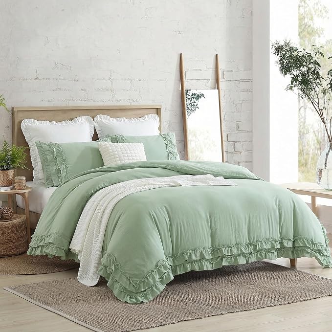 Bedorm Sage Green Ruffled Duvet Cover King Size Bedding Set Pleated Lace Ruffle Shabby Chic Bedroom Decor Extra Soft Cozy Farmhouse Country Style Duvet Cover Sets