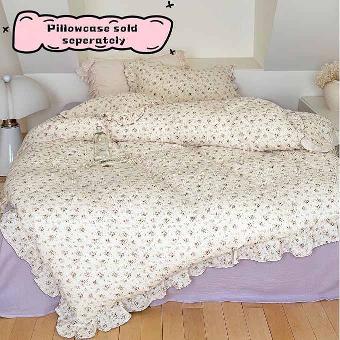 Muslin Cotton Kids Duvet Cover Twin Size, 68"x86", Shabby Chic Crape Flower Design Girls Quilt Cover Vintage Princess Style Bedding Ruffled Comforter Cover Floral Print, No Pillowcase