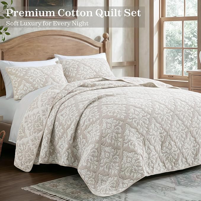 Exclusivo Mezcla Cotton Quilts King Size Beige | Soft Lightweight Bedspread, Breathable Prewashed Yarn Dyed Muslin, All Season Bedding Set, Boho Coverlet With 2 Pillow Shams