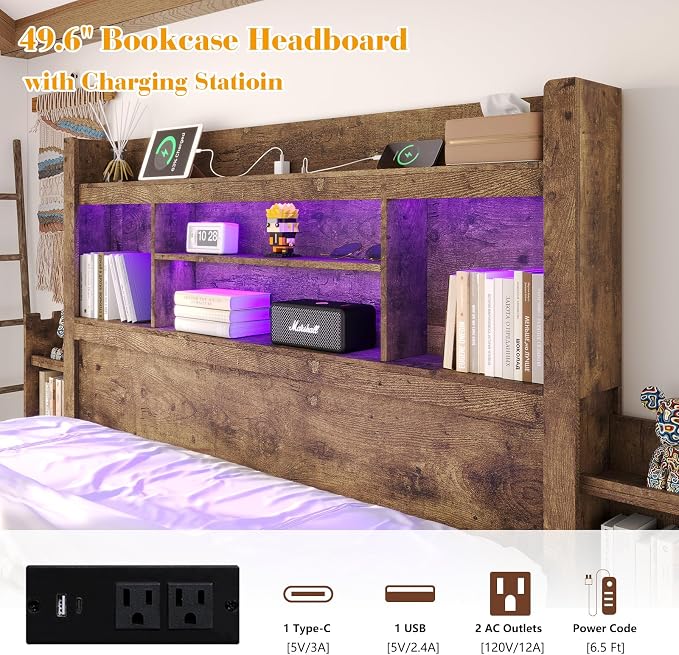 LUXOAK King Bed Frame with Storage, Bookcase Headboard, Rustic Brown | 49.6" Headboard, Wood Platform Bed, Charging Station, Bedside Storage, 4 Storage Drawers, No Box Spring Needed, Farmhouse